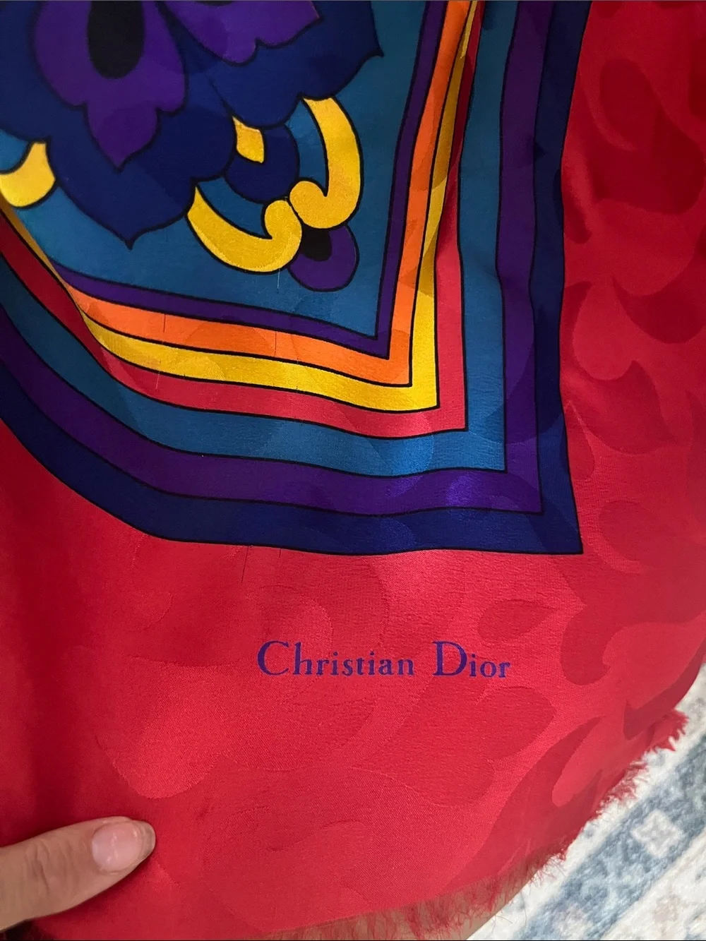 Rare- Dior Vintage geo print Large silk  Scarf mixed media stripe border